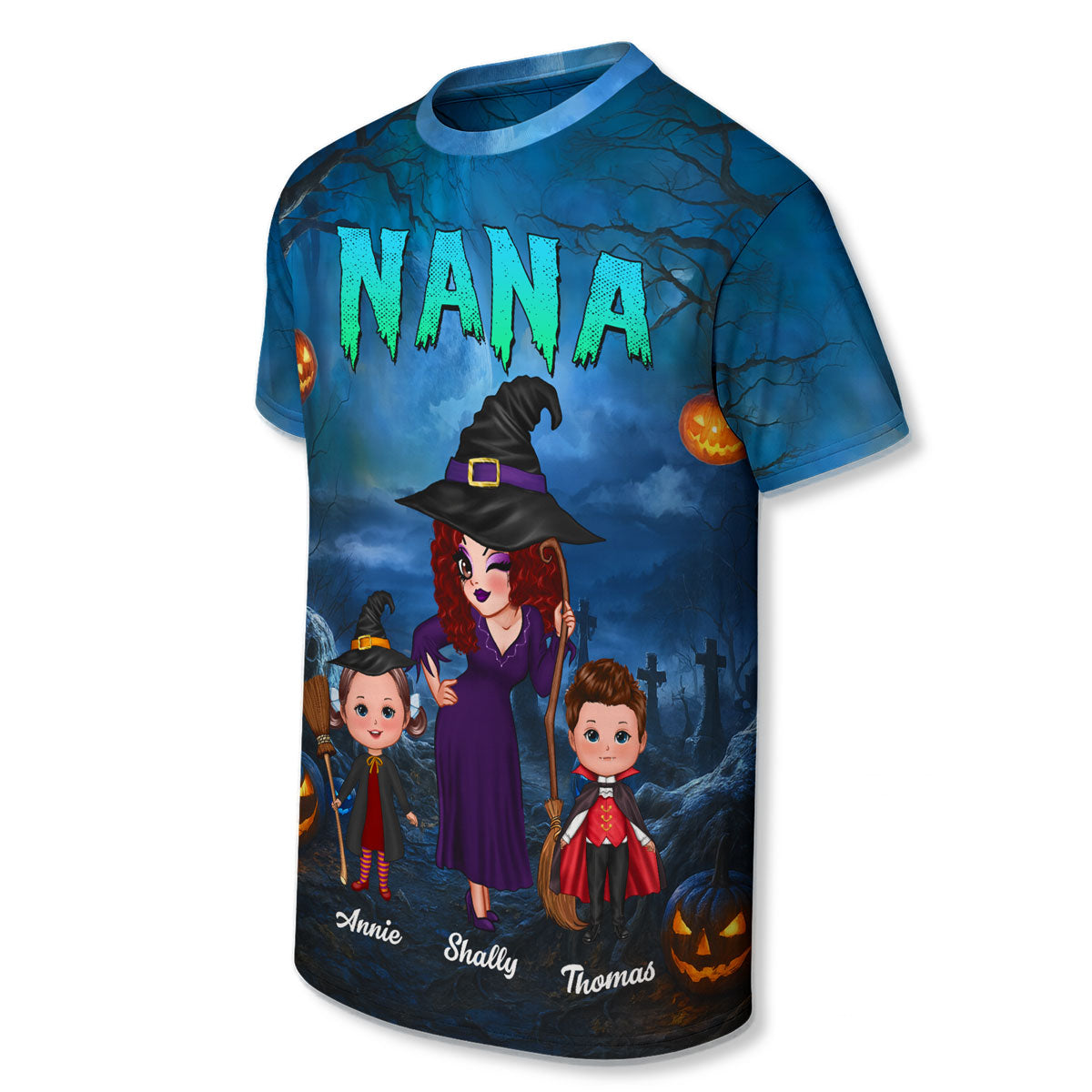 Pretty Grandma Witch & Kids In Halloween Night Personalized Shirt, Halloween Costume for Grandma