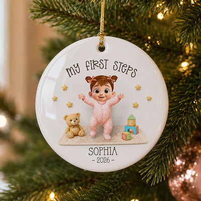 Baby First Steps Learned to Walk - Personalized Ceramic Ornament - Milestone Christmas Keepsake