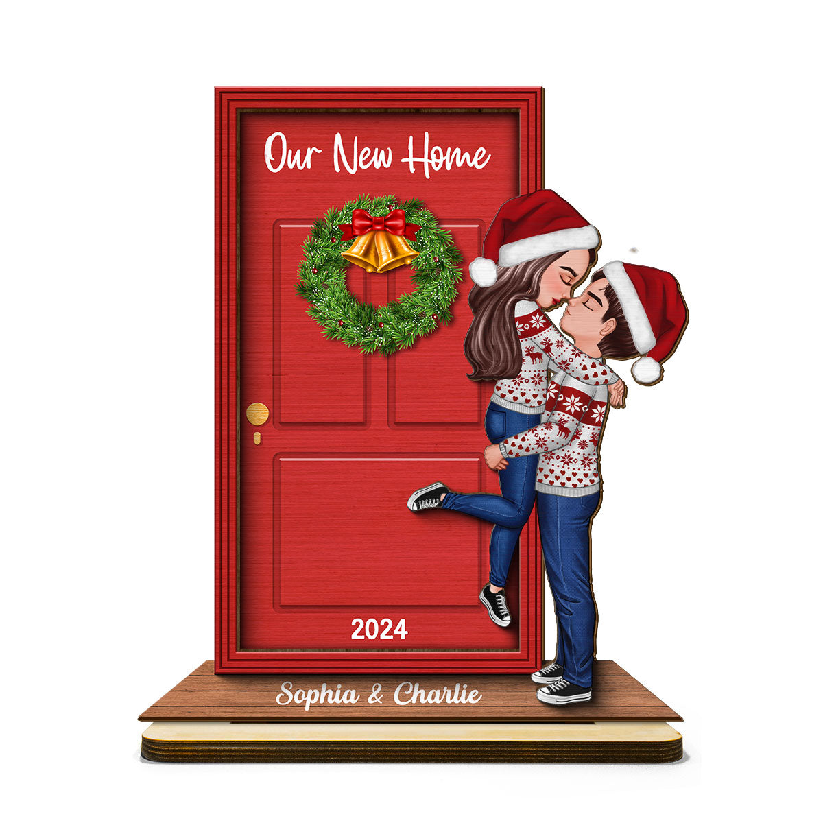 Our New Home Couple Kissing In Front Door Christmas Decor Personalized 2-Layer Standing Wooden Plaque