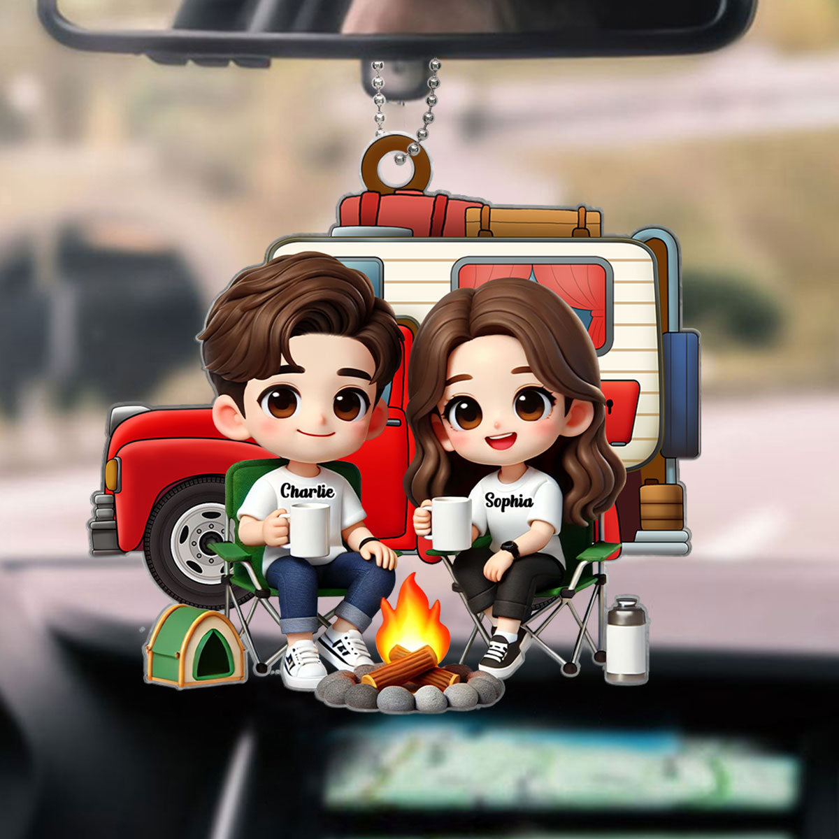 3D Effect Cute Cartoon Camping Couple Personalized Acrylic Car Hanger, Rear View Mirror, Valentine's Day, Anniversary, Birthday Gift for him, for her