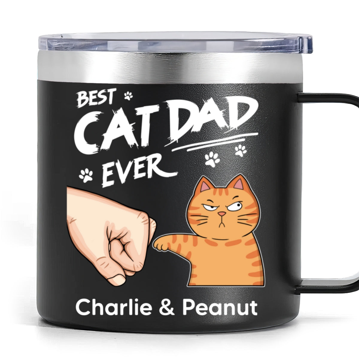 Best Cat Dad Ever Fist Bump Personalized Stainless Steel Tumbler With Handle, Birthday Gift For Cat Lovers, Father's Day Gift or Just Because