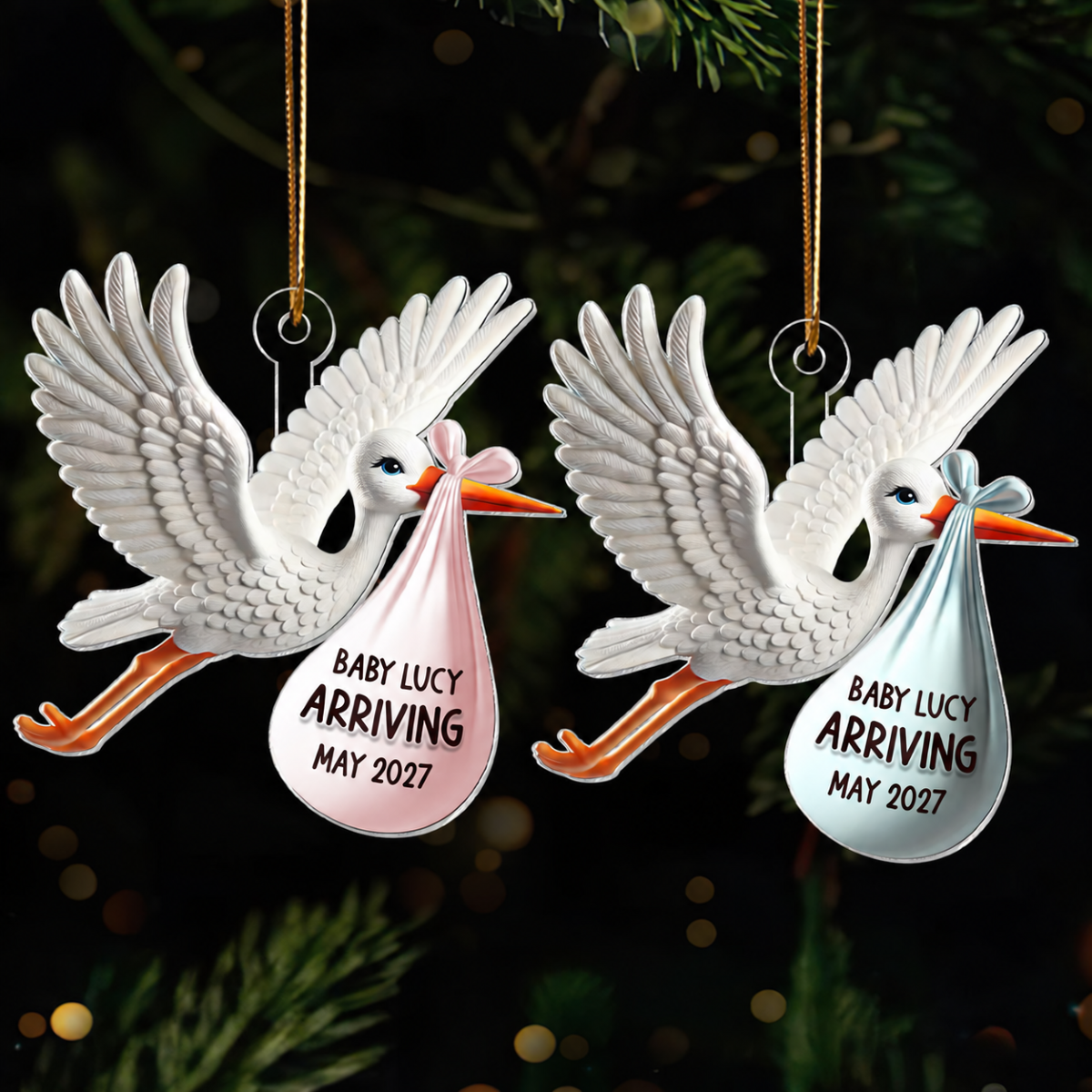 Stork Carrying Baby Bundle New Baby Arriving 3D Effect Personalized Acrylic Flat Ornament