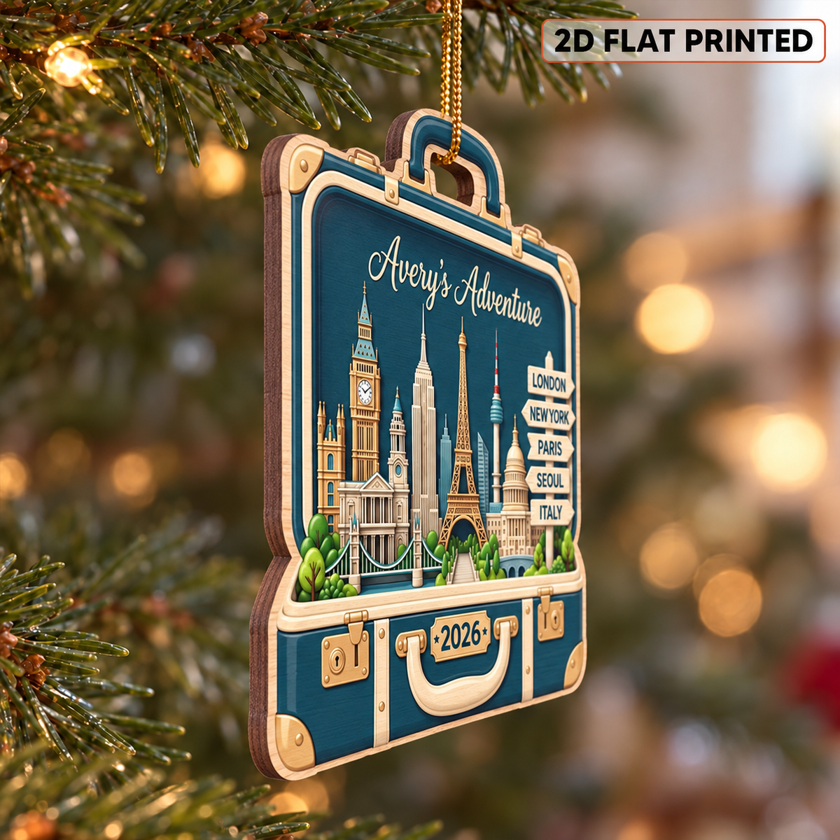 Custom Travel Adventure Suitcase 2D Flat Printed - Personalized Wooden Ornament - Traveling Destination Keepsake, Christmas Gift For Traveling Lovers