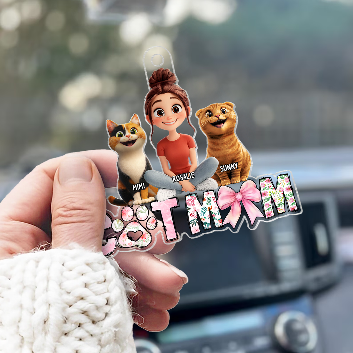 Cartoon Cat Mom Sitting Personalized Acrylic Car Hanger, Gift for Cat Moms