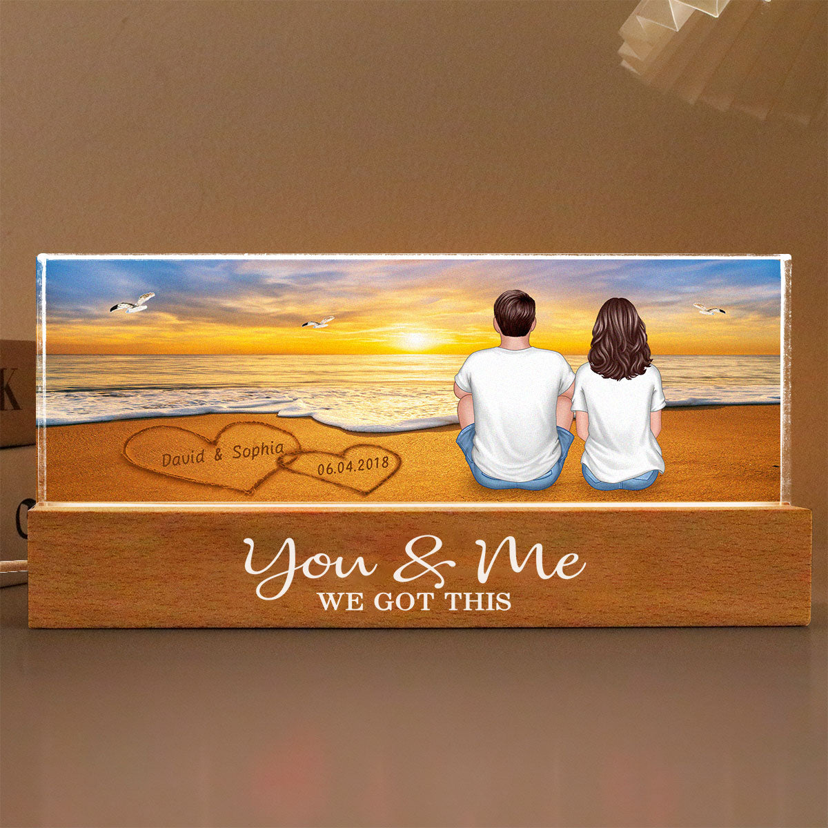 Love on the Beach, Personalized Acrylic Block LED Night Light, Names on Sandy Beach Art with Couple's Names and Date on Perfect Gift for Anniversary