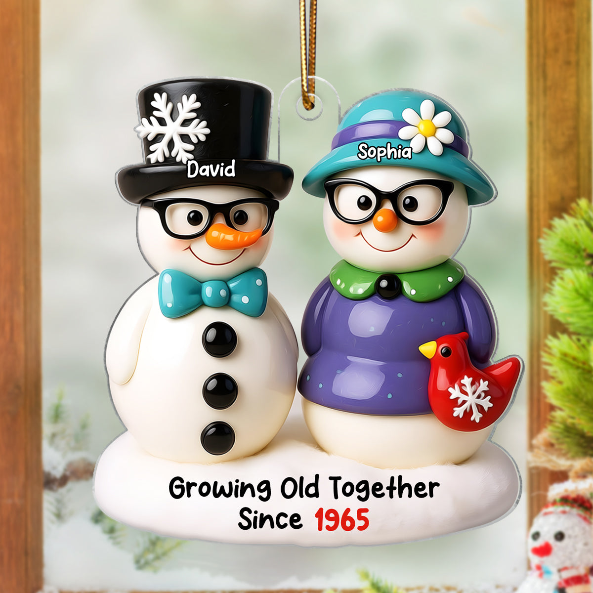 Snowman Couple Growing Old Together Personalized Acrylic Ornament, 3D Effect Ornament for Couple