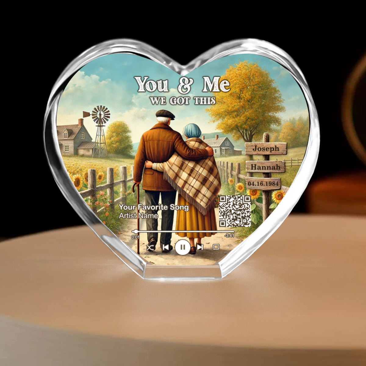 Couple Growing Old Together Favorite Song Scannable QR Code Personalized Premium Crystal Heart LED, Free Shipping Included