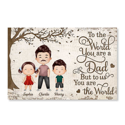 Watercolor Style Doll Dad And Kids Dogs Cats Under Tree Personalized Horizontal Poster