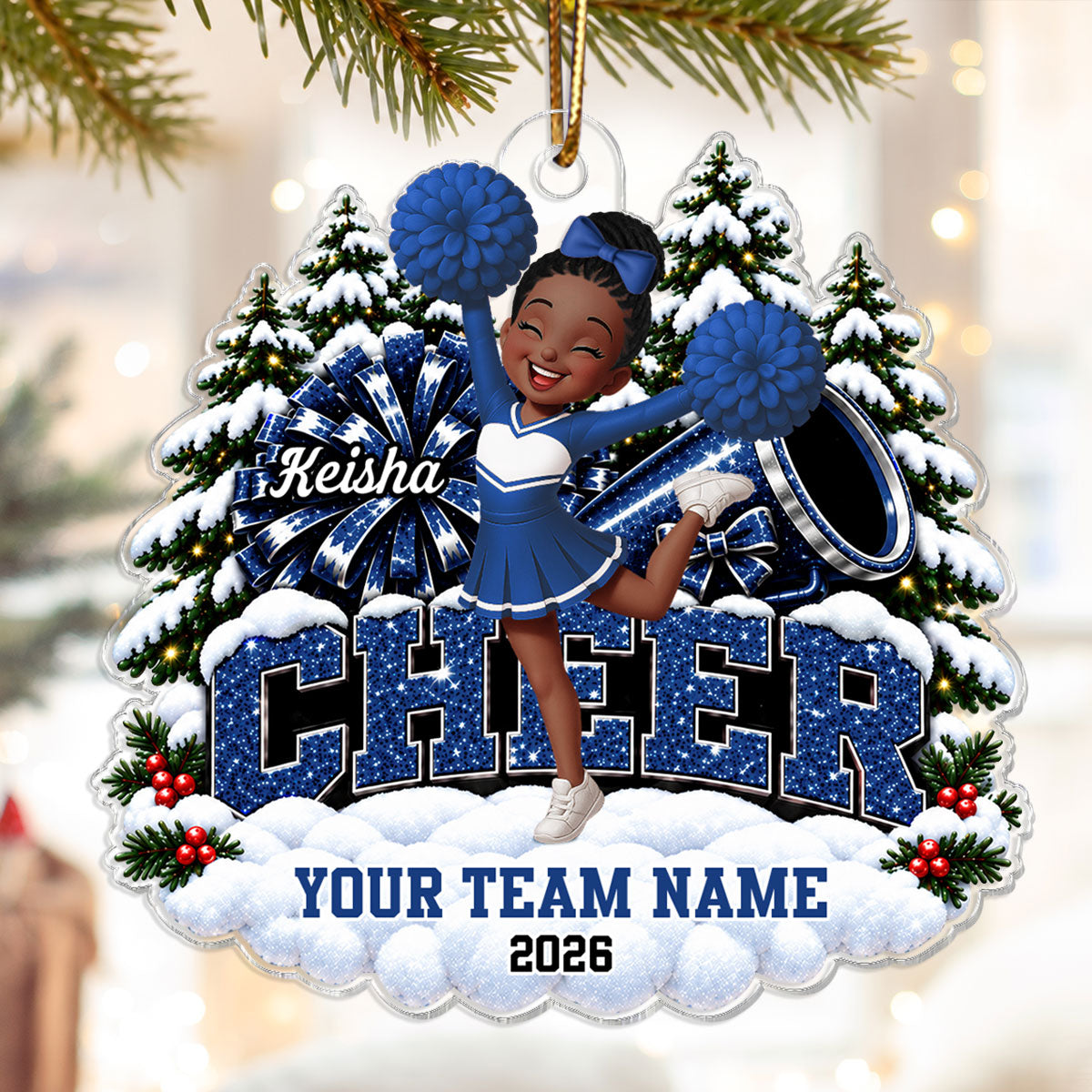 Christmas Cheerleader With Pom Poms - Personalized Acrylic Ornament - Christmas Gift For Cheerleaders, Cheer Teams, Girls