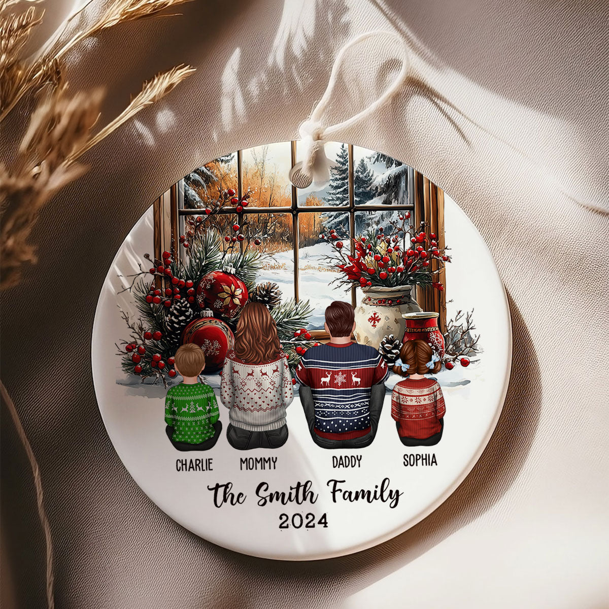 Family Sitting By The Window Personalized Ceramic Ornament, Christmas Gift for Siblings