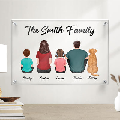 Whole Family Back View Couple Dad Mom Kids Dogs Cats Sitting Personalized Acrylic Board Wall Art