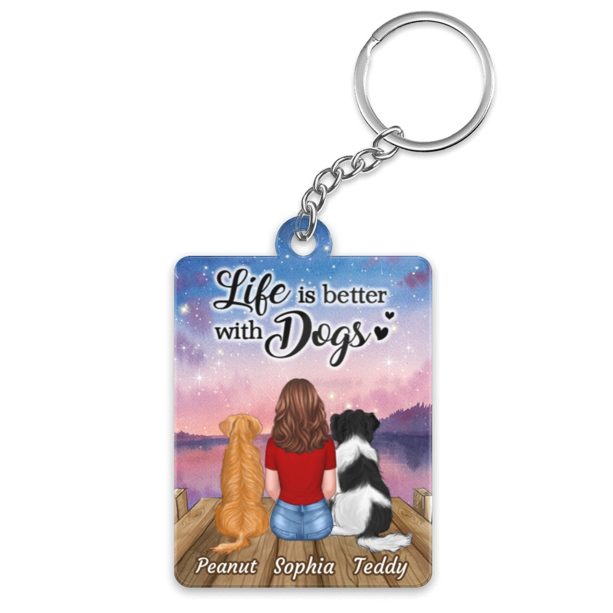 Life Is Better With Dogs Woman & Dogs Sitting On Bridge Personalized Acrylic Keychain