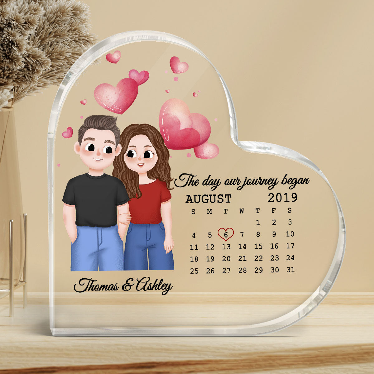 Cute Illustration Couple Calendar Anniversary Date Gift For Him For Her Personalized Acrylic Heart Plaque