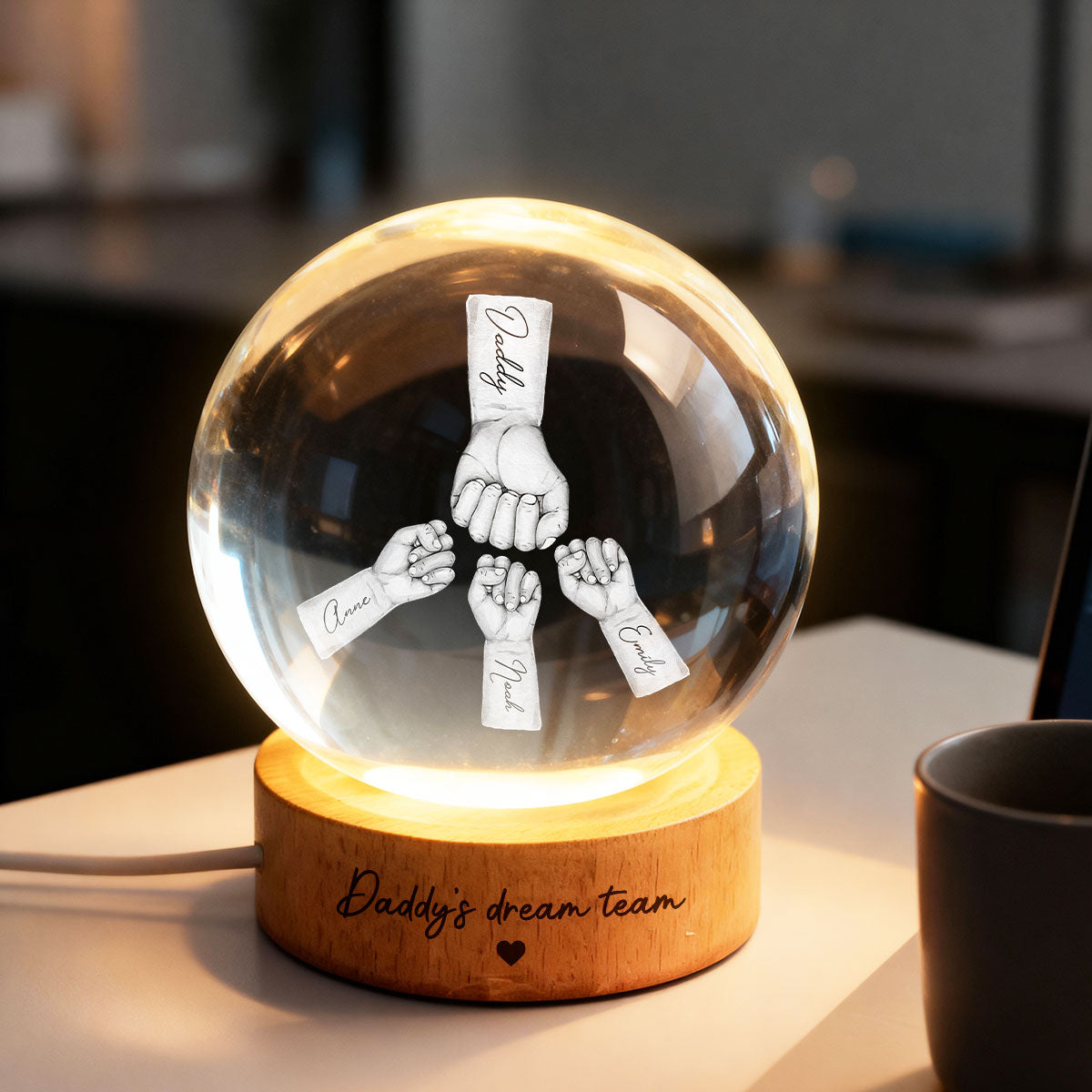 Daddy's Dream Team - Personalized Crystal Ball LED Night Light - Father's Day Gift for Dad, Husband