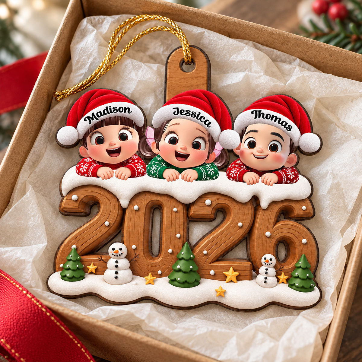 Kids on Snowy Wooden 2026 - Personalized Wooden Ornament - Christmas Gift for Family, Grandparents, Grandma