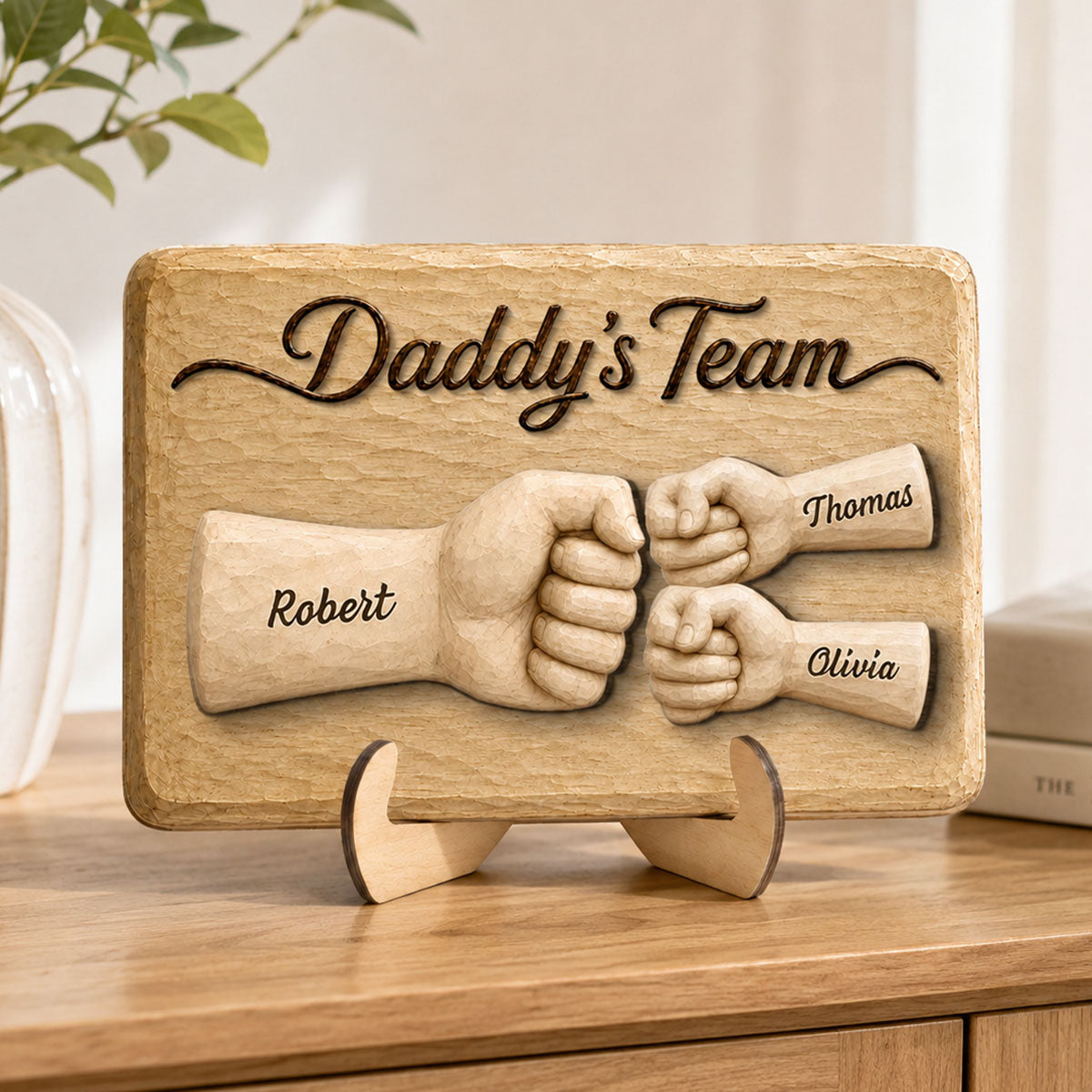 Sentimental Rustic Daddy's Team Fist Bump - Personalized 2-Layered Wooden Plaque - Father's Day Gift For Dad, Husband