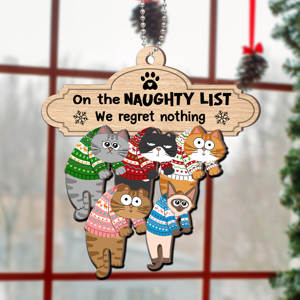 Christmas Naughty Cats Hanging On Mantel Personalized 2-Layer Wooden Ornament, Gift For Cat Lovers