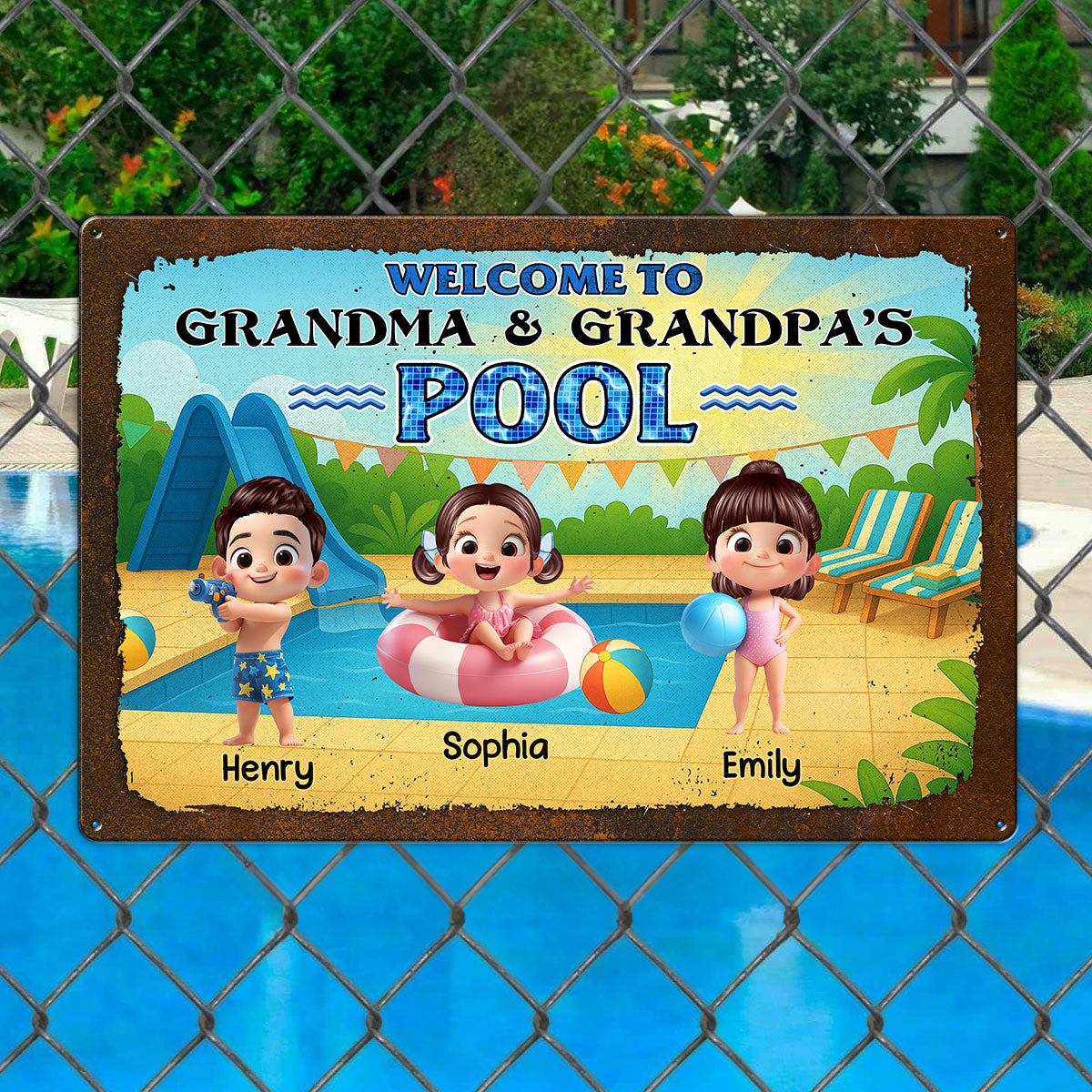 Welcome to Grandma & Grandpa's Pool Personalized Metal Sign, Grandchildren Welcome Sign