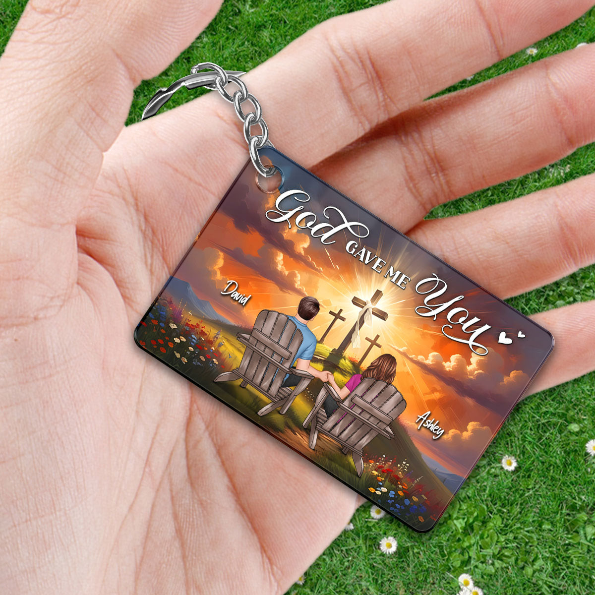 Cross God Gave Me You Couple Sitting Personalized Keychain, Anniversary Gift For Him, Her
