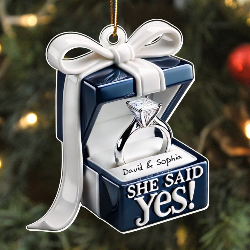 Personalized Blue Engagement Ring Box Personalized 2D Flat Acrylic Ornament, Anniversary Gift for Couple