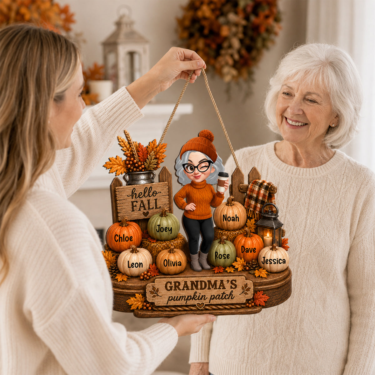 Hello Fall Grandma's Pumpkin Patch - Personalized Wooden Door Sign - Cozy Fall Decor for Grandma