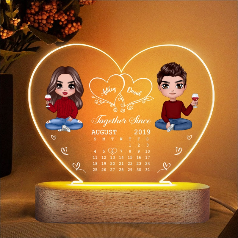 Hearts Doll Couple Sitting Calendar Anniversary Date Gift For Him Gift For Her Personalized Acrylic Heart Plaque LED Lamp Night Light