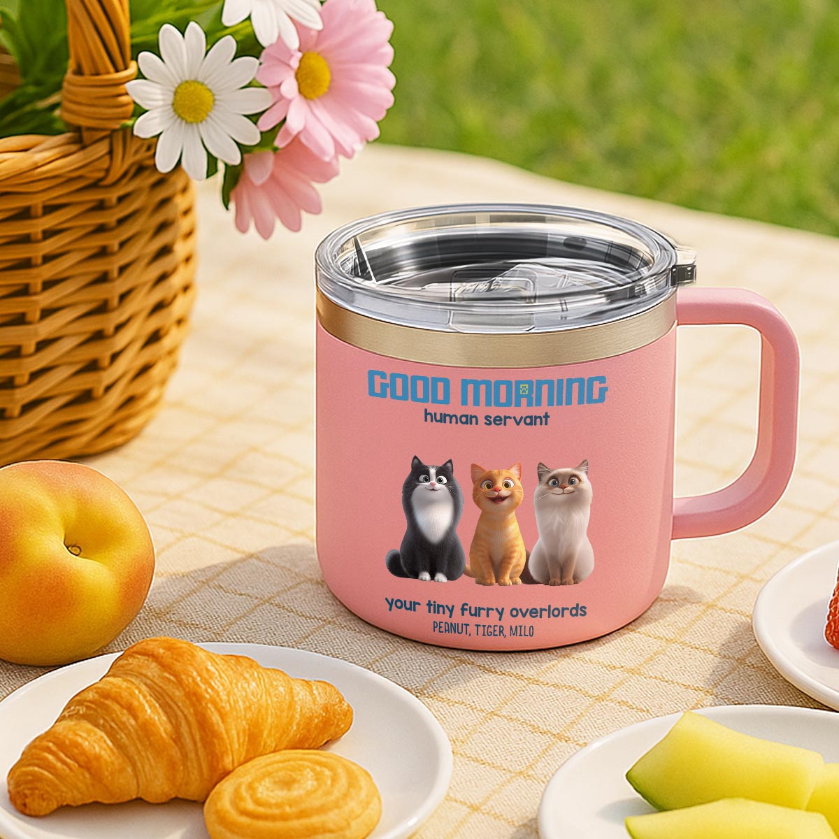 Good Morning Human Servant Personalized Stainless Steel Tumbler With Handle, Unique Gift for Cat Mom Cat Dad
