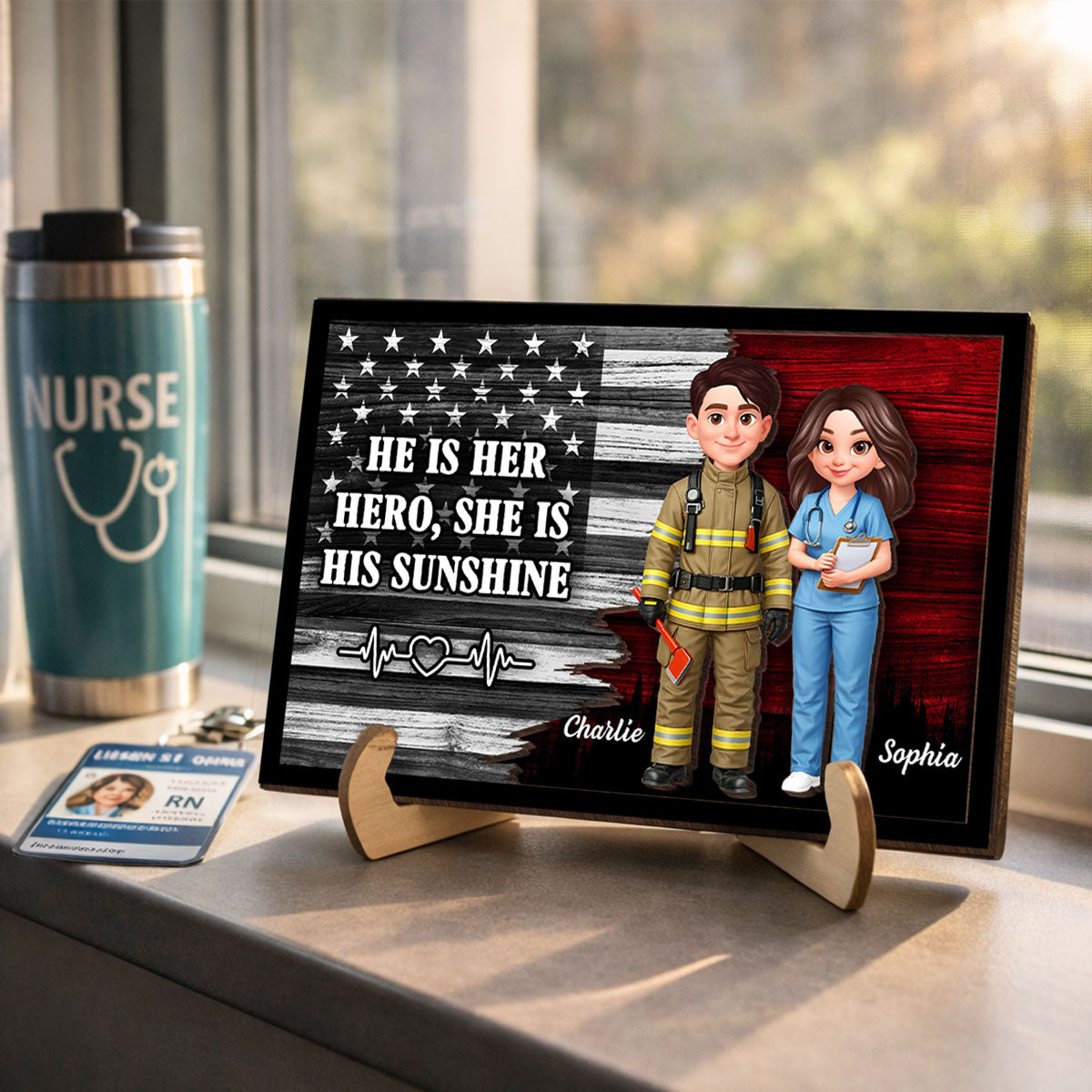 Custom Hero Couple Thin Red Line Nation Flag - Personalized 2-Layered Wooden Plaque - Heartfelt Gift for Him, for Her
