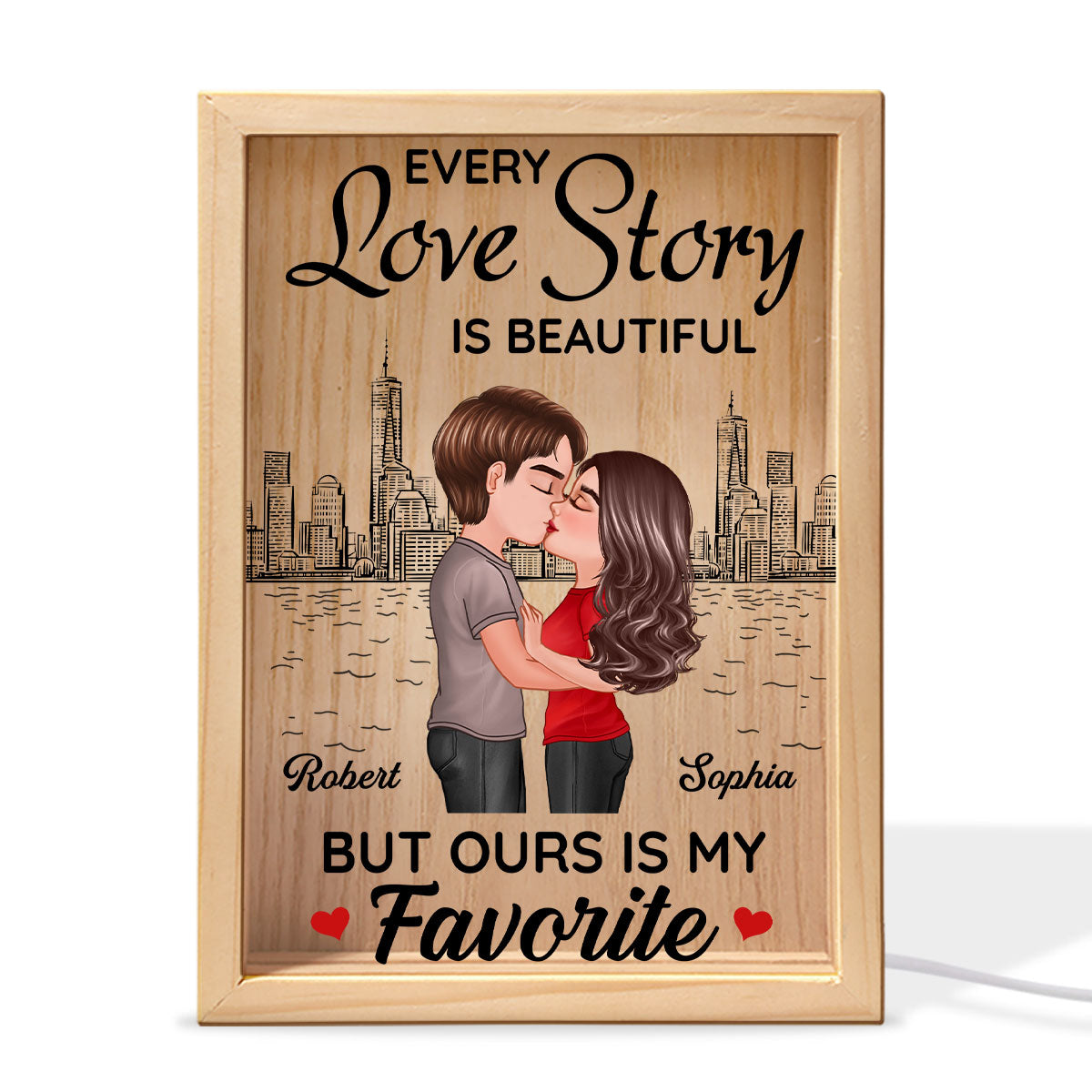 Doll Couple Kissing Skyline Gift For Him For Her Personalized Wooden Frame Light Box