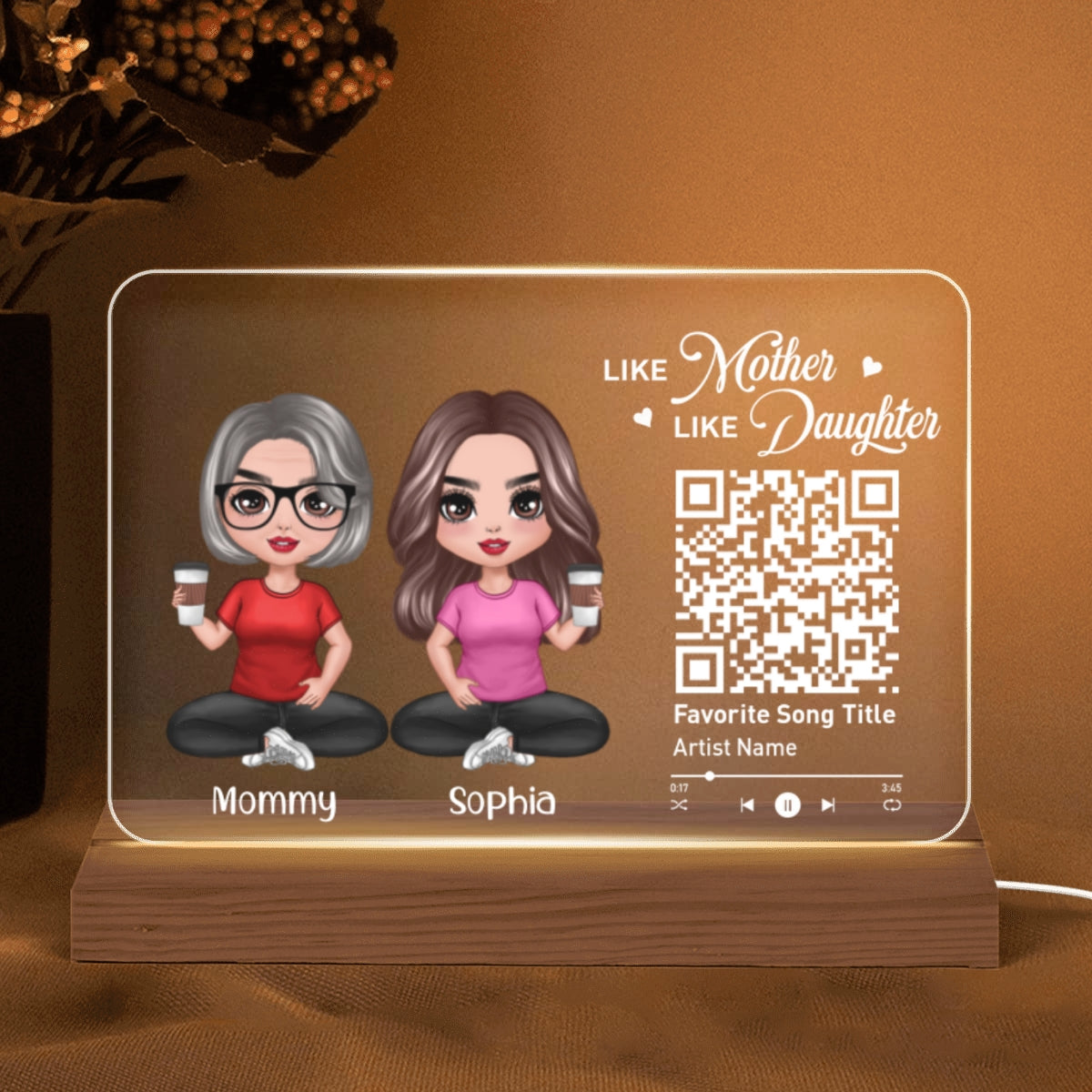 Doll Mom And Daughters Sitting Like Mother Like Daughters Favorite Song Scannable QR Code Personalized Custom Shape Acrylic Plaque LED Night Light