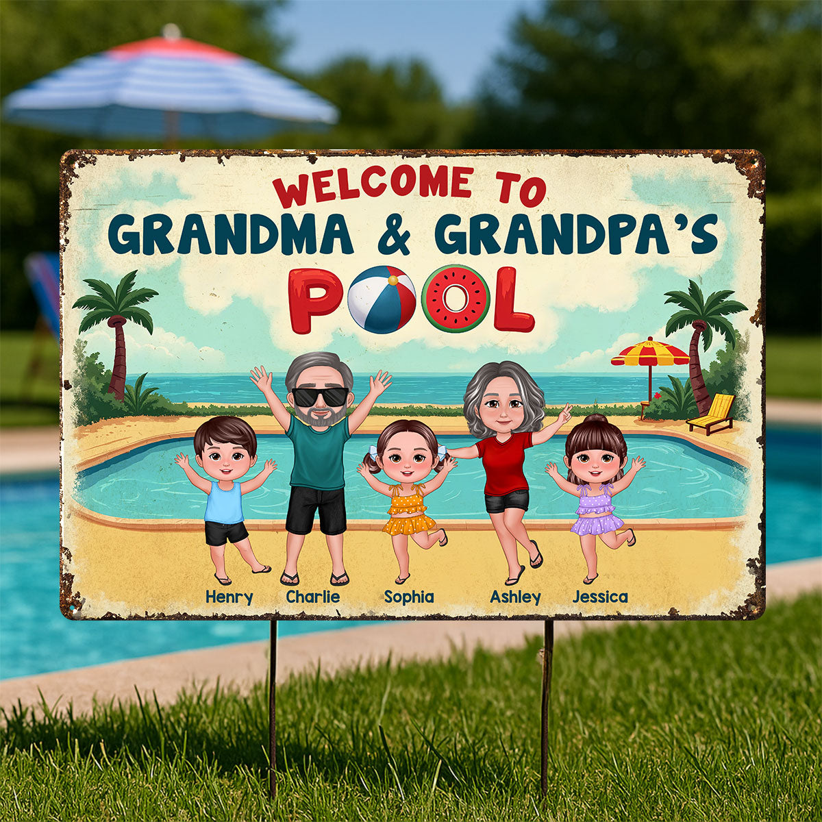Summer Vibe Welcome To Grandpa Grandma Grandparents Pool Personalized Metal Sign