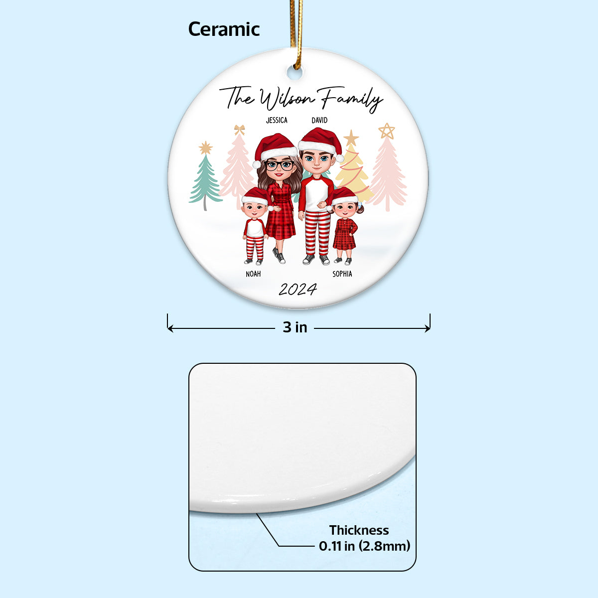 Family Standing Personalized Ceramic Circle Ornament, Christmas Gift for Husband, Daughter, Son