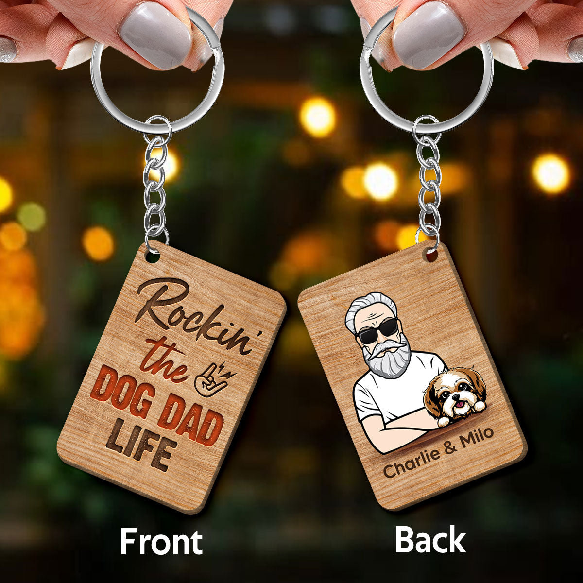 Rockin‘ Dog Dad Life Personalized Wooden Keychain