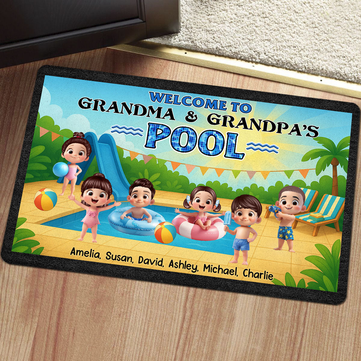 Welcome to Grandma & Grandpa's Pool Personalized Non-Slip Doormat, Entryway Front Porch Farmhouse Summer Grandkids Welcome Mat
