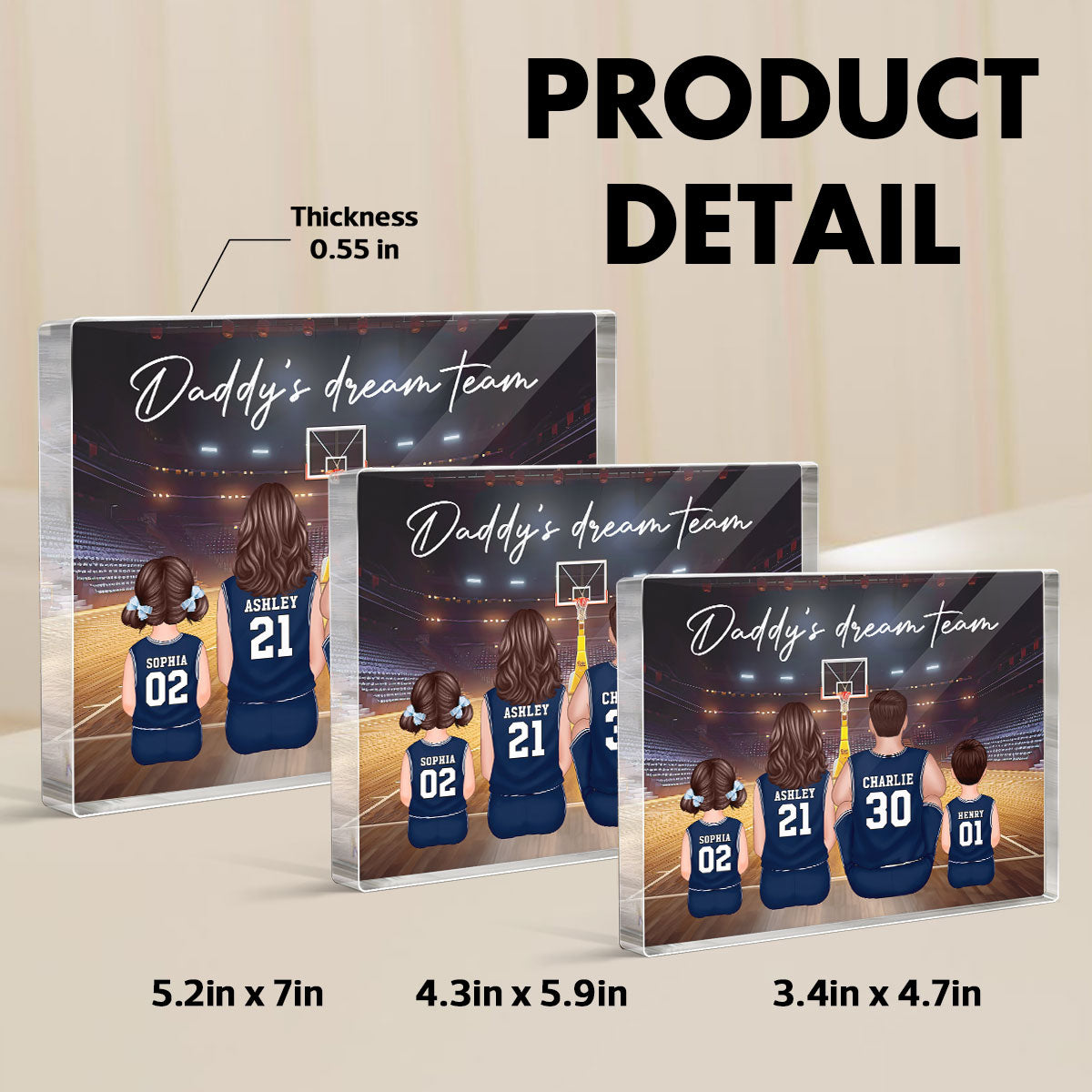 Daddy's Team Basketball Family Sitting Personalized Acrylic Block, Unique Father's Day Gift for Dad, Gift for Husband
