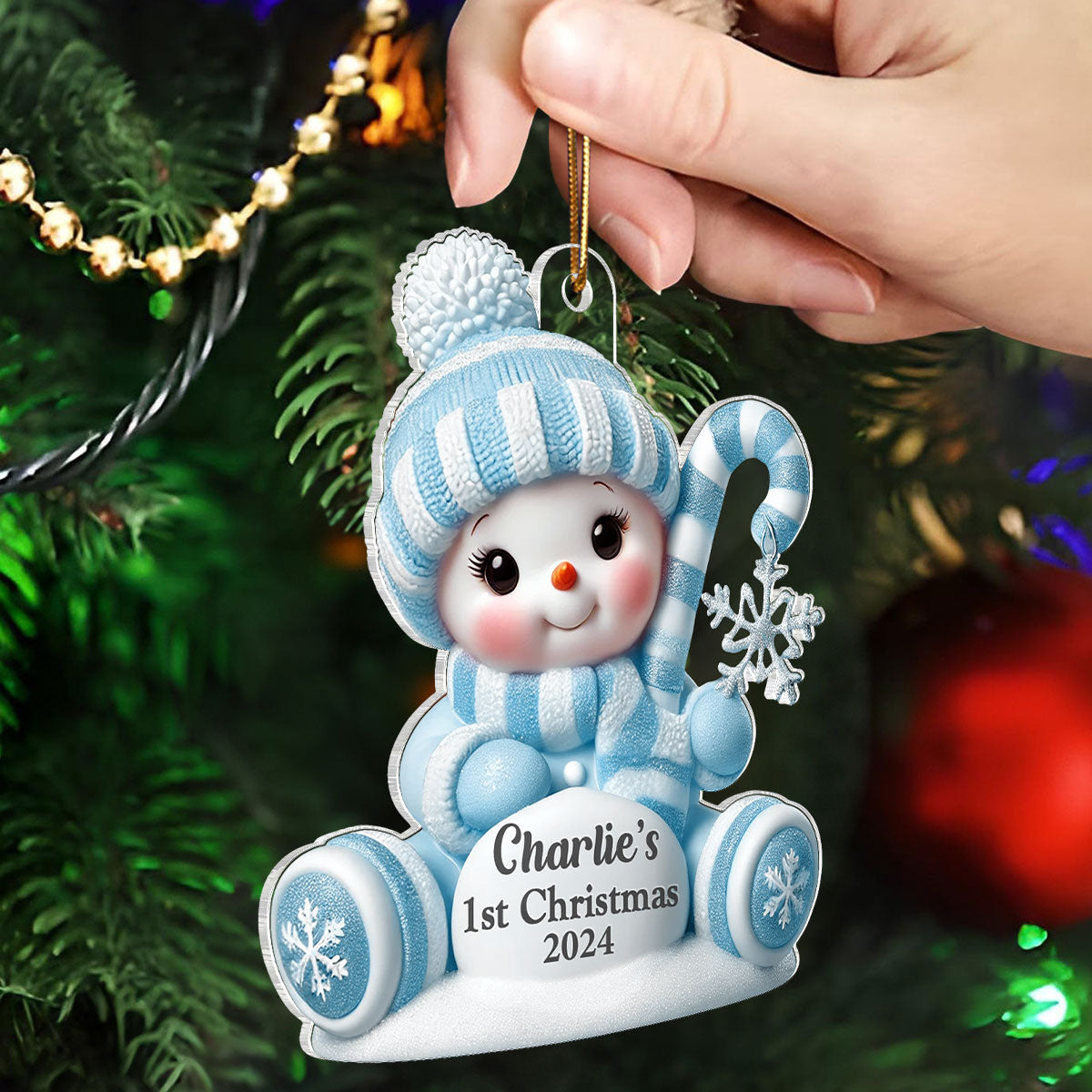 Cute Snowbaby Sitting On Snow 3D Effect Baby's First Christmas Personalized Acrylic Flat Ornament