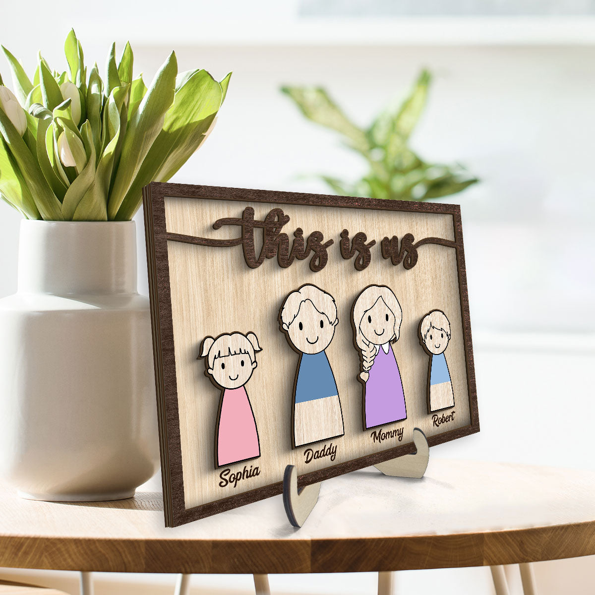 Simple Cartoon Family This Is Us Home Decor Personalized 2-Layer Wooden Plaque