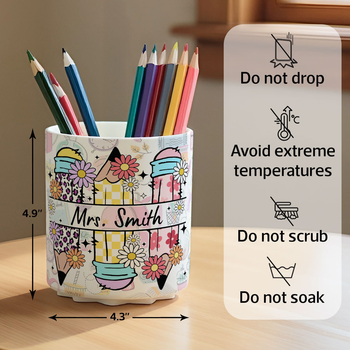 Teacher Life Doodle Pattern Personalized Rotating Pen Holder, Teacher Appreciation Gift, Back To School Gift