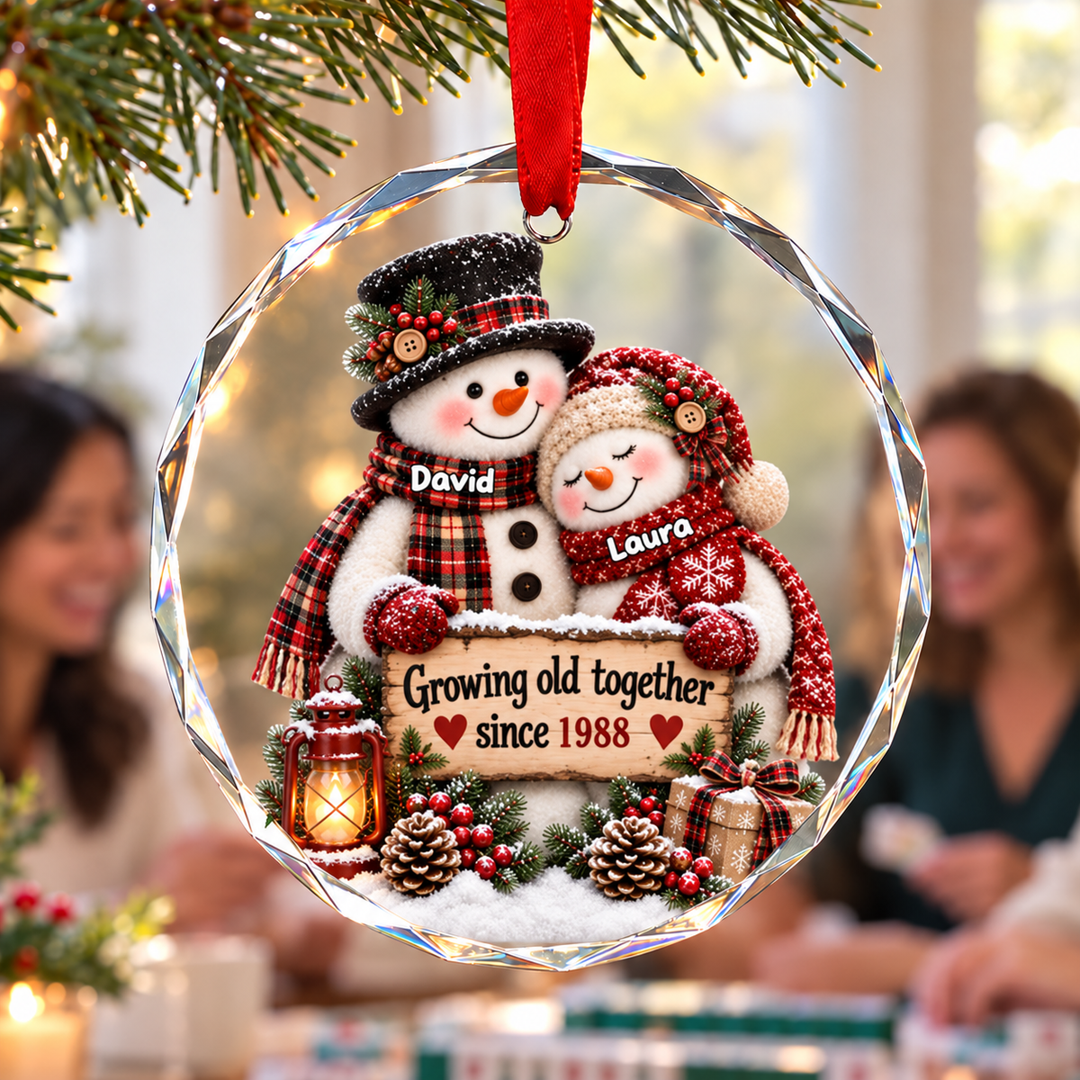Snowman Couple Hugging Growing Old Together - Personalized Glass Ornament - Heartfelt Christmas Gift for Her, for Him