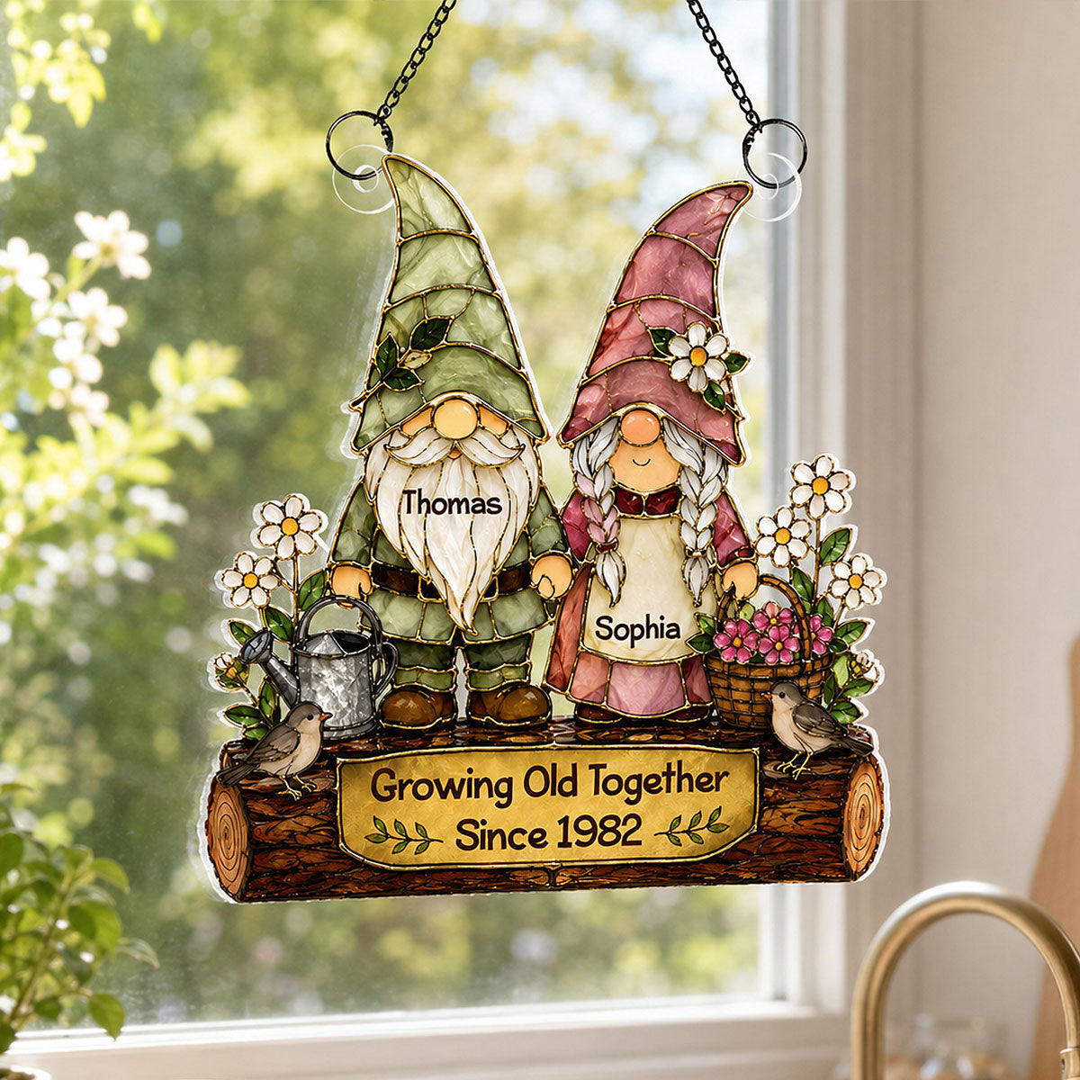 Gnome Couple Growing Old Together 2D Printed - Personalized Acrylic Window Hanger - Gift For Couples