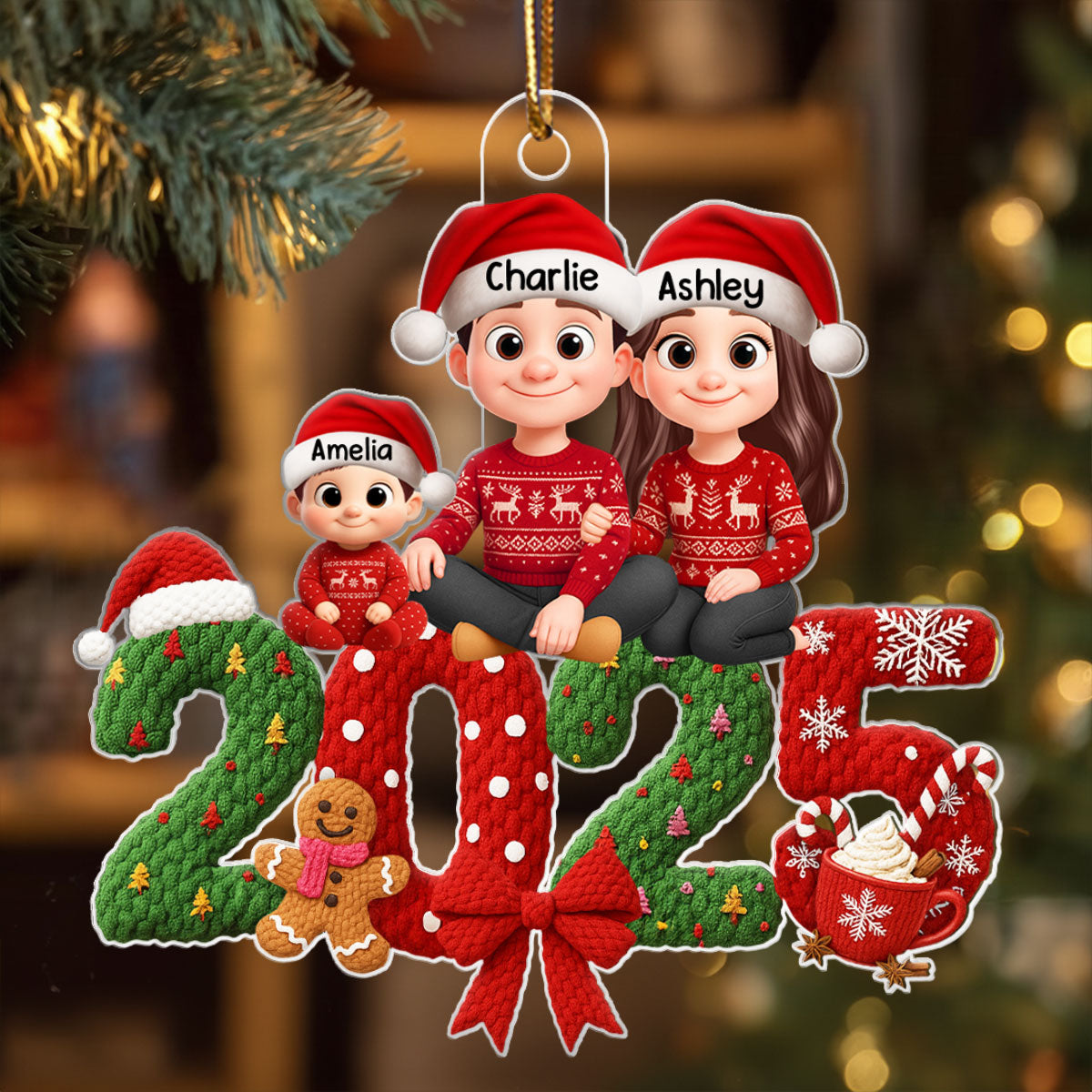 Family Sitting 2025 Latch Hook Yarn Faux - Personalized Acrylic Ornament - Christmas Gift for Family