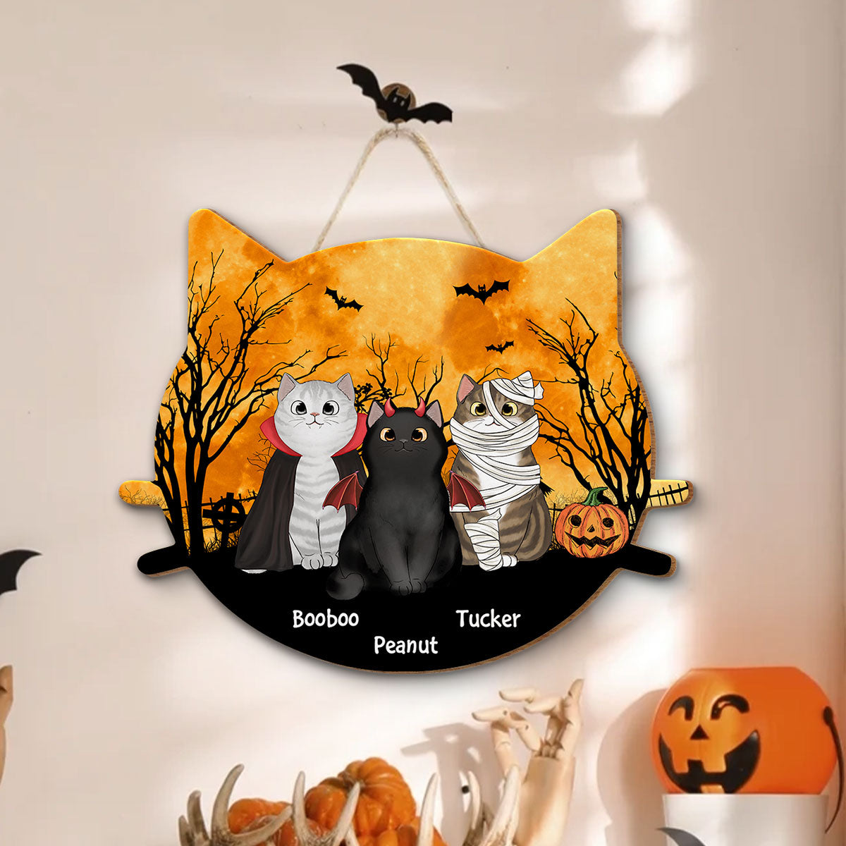 Halloween Cat Face Shaped Personalized Wooden Door Sign, Halloween Decor For Cat Moms