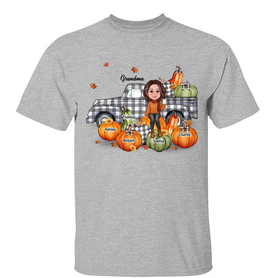 Grandma Mom Buffalo Plaid Truck And Pumpkins Fall Season Personalized Shirt