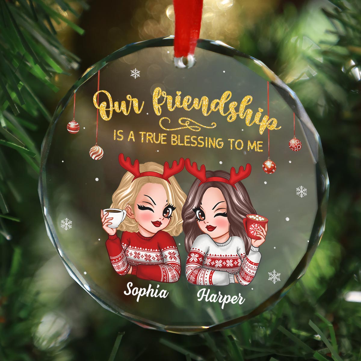 Our Friendship Is A True Blessing To Me Besties Gift Personalized Glass Ornament