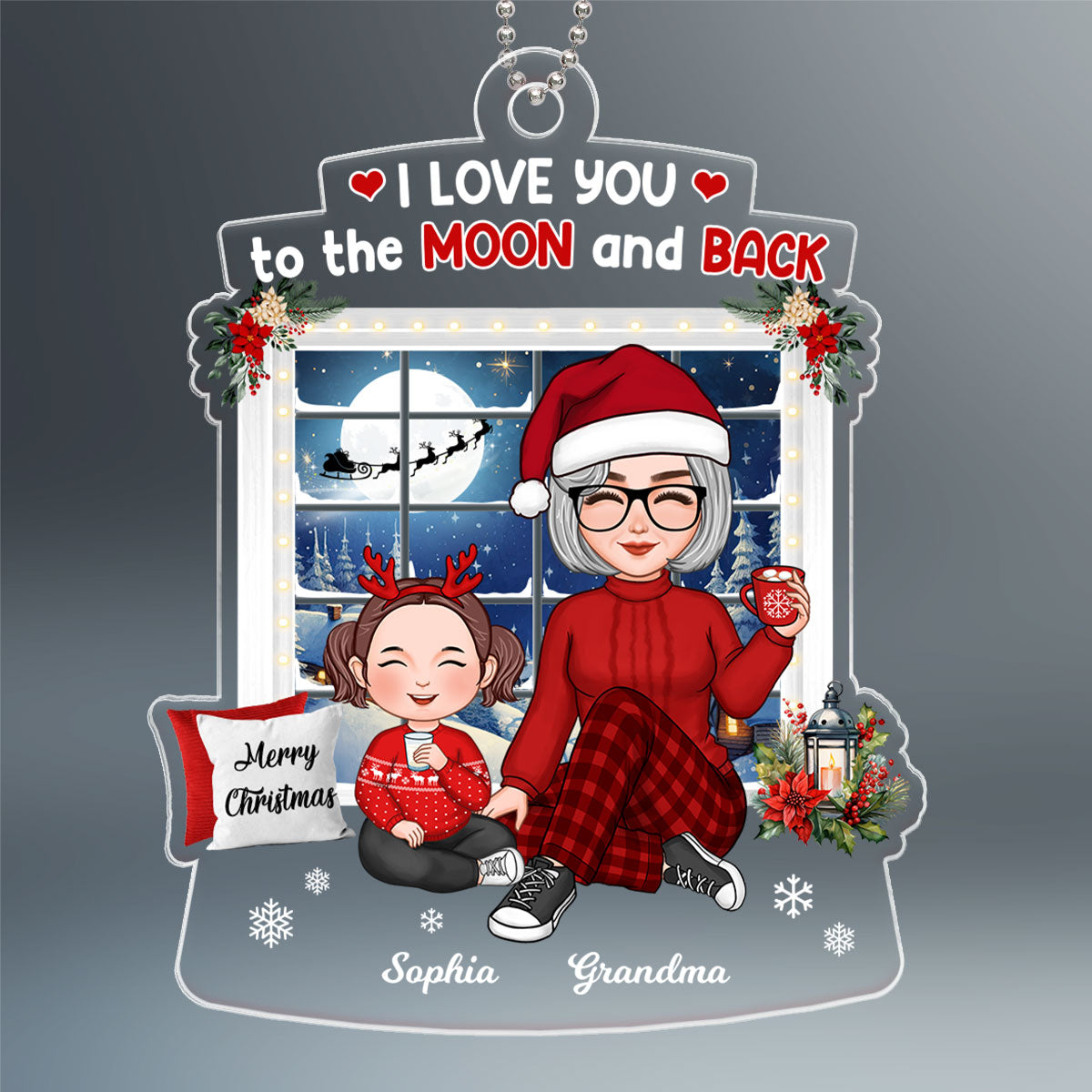 Cute Grandma Grandkid Sitting By Window Love To The Moon And Back Christmas Gift Personalized Acrylic Ornament