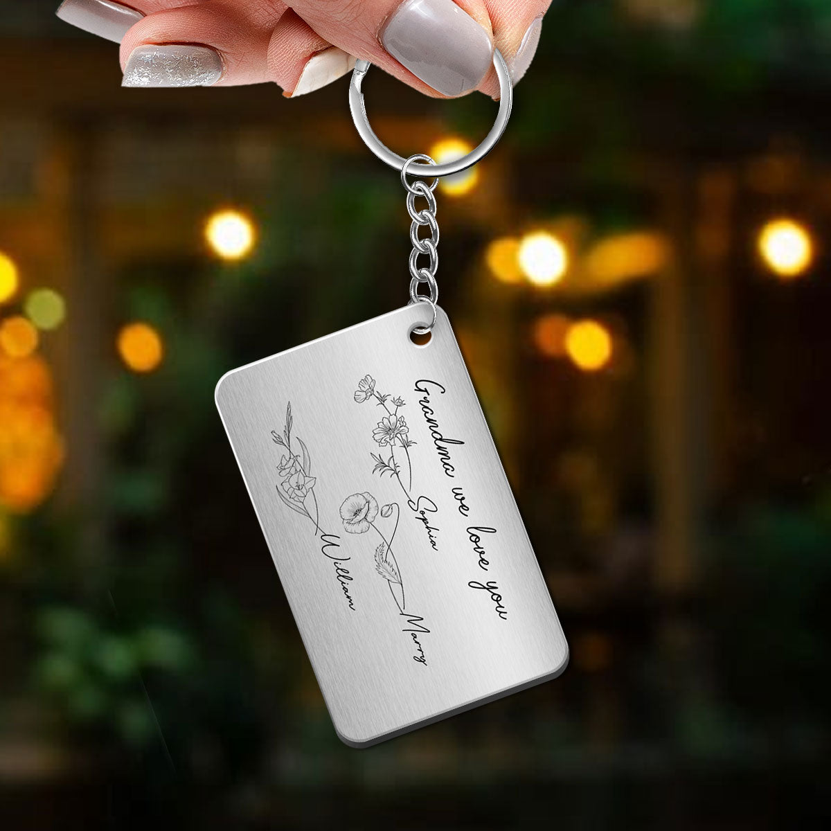 Grandma Mom Birth Month Flowers Personalized Metal Keychain