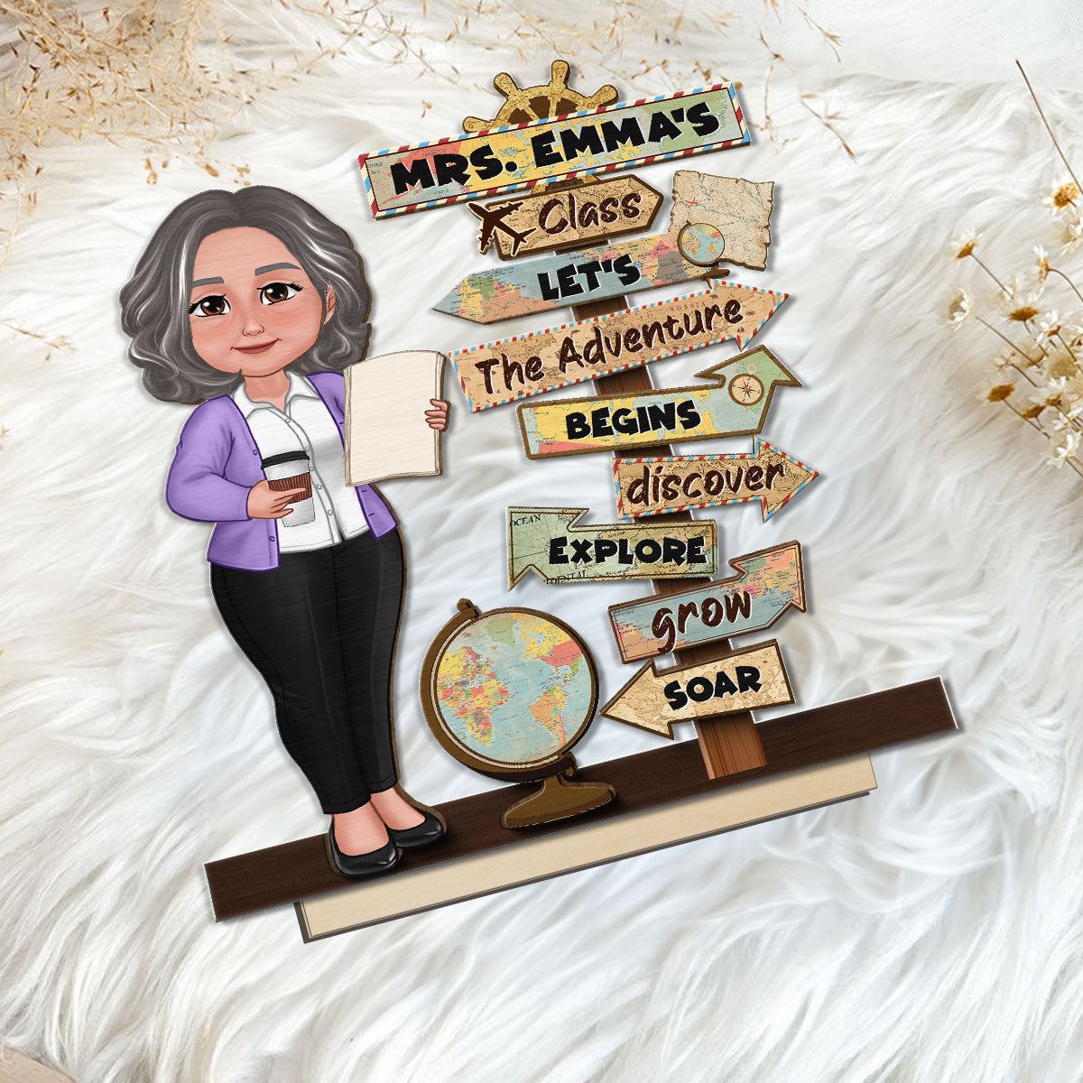 Let's The Adventure Begins Personalized 2-Layer Standing Wooden Plaque, Classroom Decoration, Desk Decor