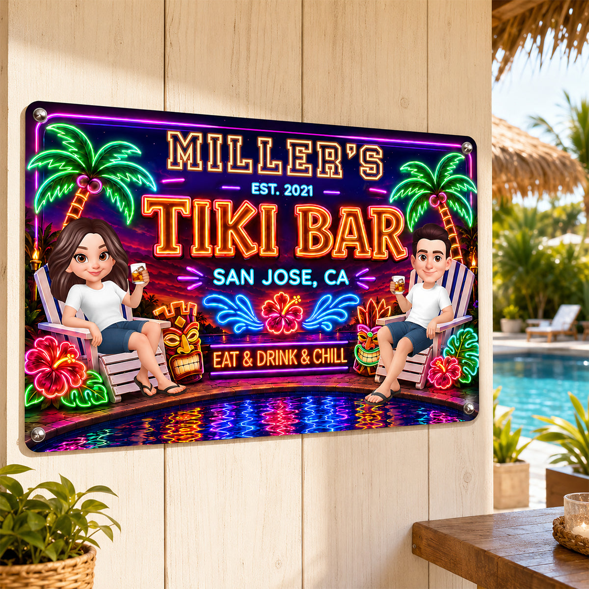 Custom Picnic Rug Custom Family Tiki Bar - Personalized Metal Sign - Outdoor Home Bar De ...