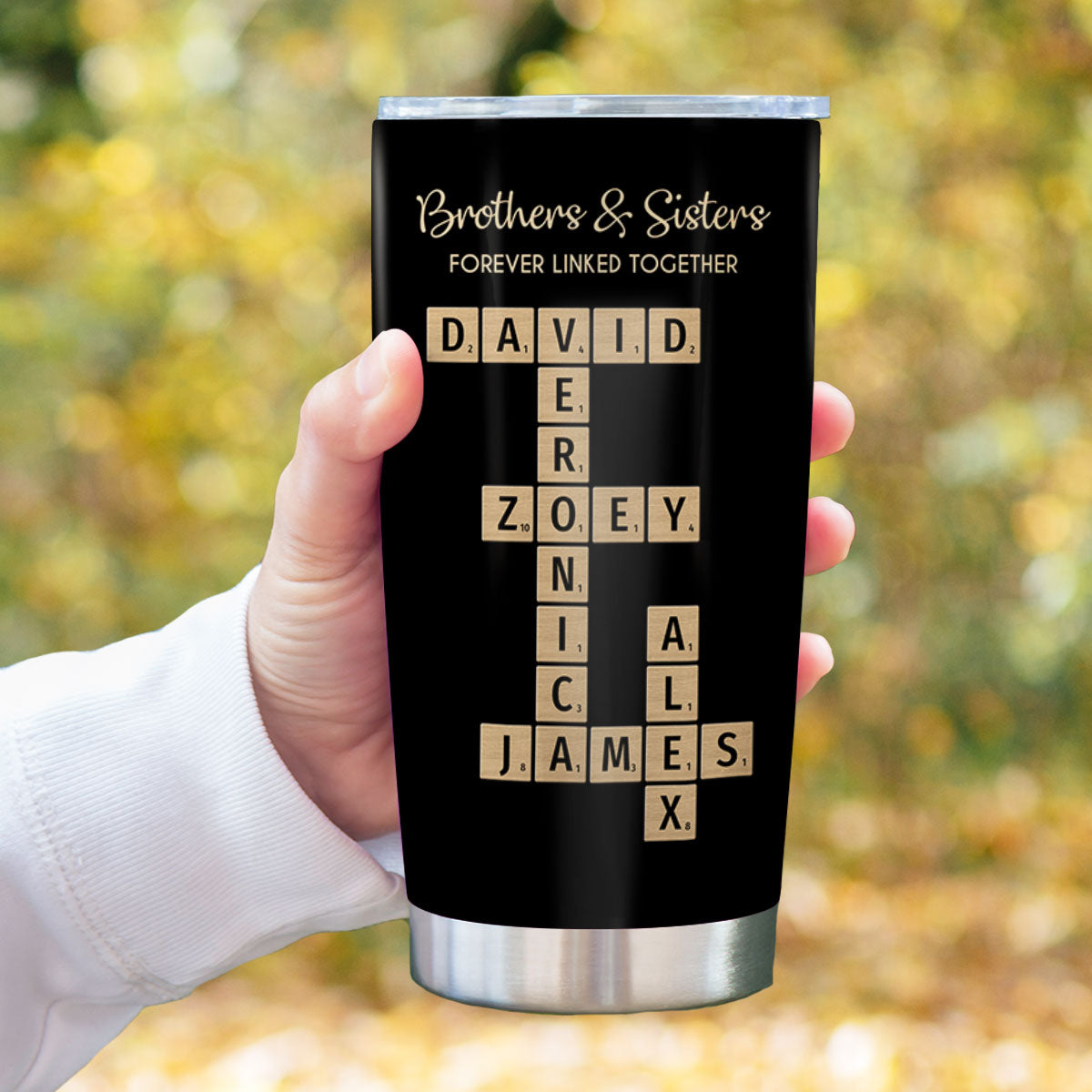 Brothers & Sisters Forever Linked Together Crossword Puzzle Art Personalized Tumbler, Gift For Brothers, Sisters, Siblings, Family