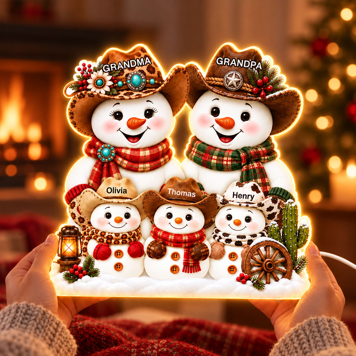 Trending Western Grandpa Grandma Snowman - Personalized Light Box - Gift For Him, Her, Christmas Decoration